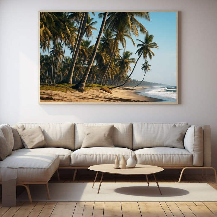 Painting of leaning coconut palm trees on a wild golden beach with breaking surf