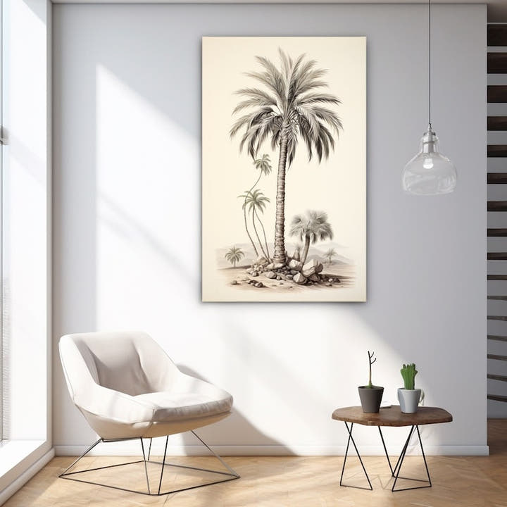 Vintage sepia botanical sketch of a palm tree with rocks