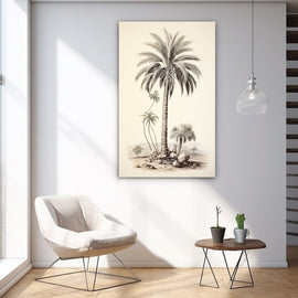 Vintage sepia botanical sketch of a palm tree with rocks