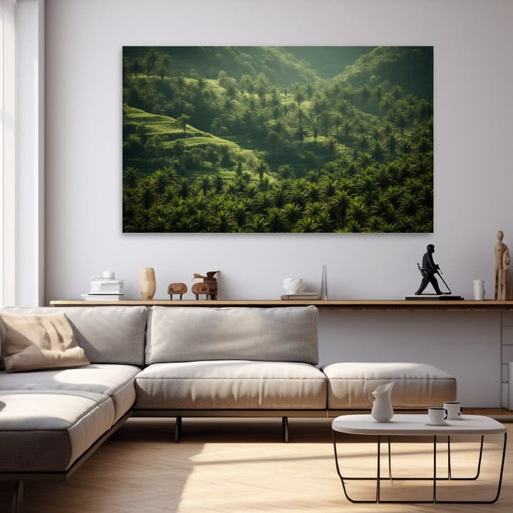 Aerial canvas of a green tropical valley filled with palm trees