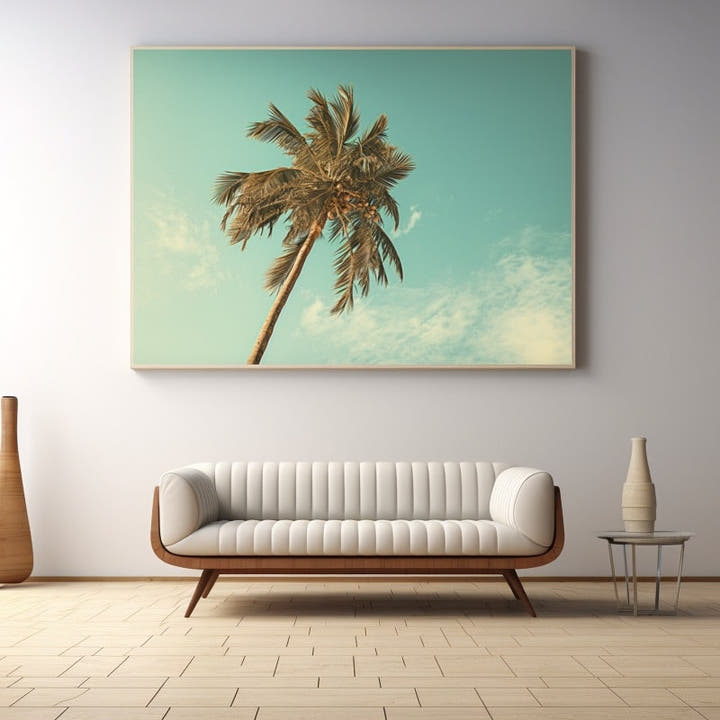 Single coconut palm tree against a faded turquoise sky