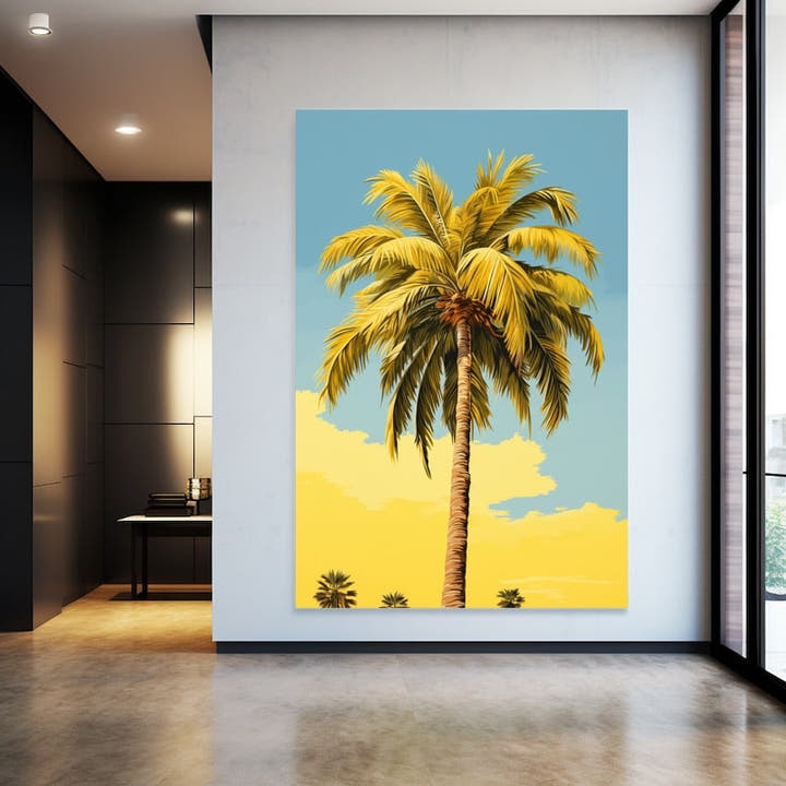 Bold pop-art palm tree in yellow against a turquoise sky