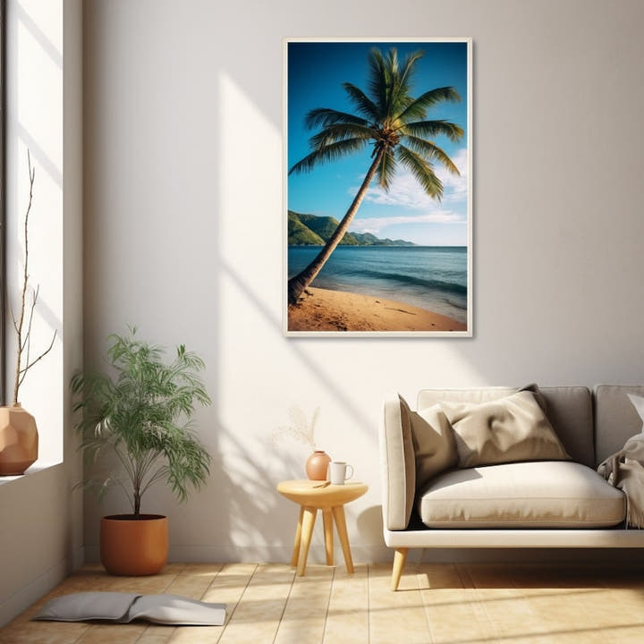 Tall palm tree painting arching over a golden bay and deep blue tropical sea