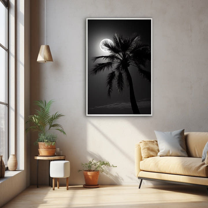 Palm tree silhouette against a glowing full moon at night