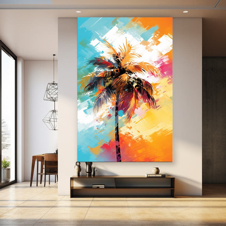 Abstract palm tree in bold turquoise, orange and magenta strokes
