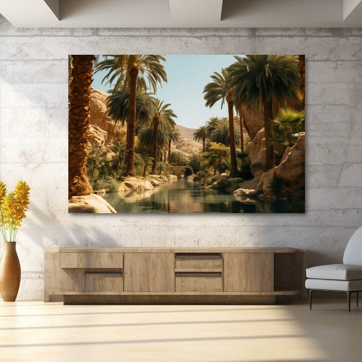 Date palms lining a calm desert oasis stream under a clear blue sky