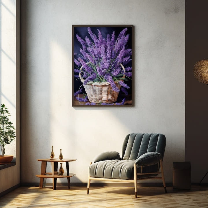 Still life of cut lavender in a wicker basket against a dark background