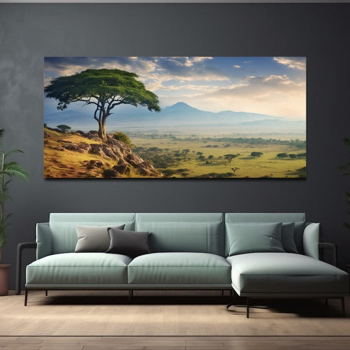 Painting of an African savannah with a lone acacia tree and a hazy blue mountain