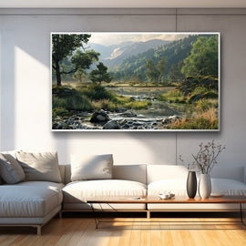 Panoramic landscape of a mountain stream winding past mossy boulders and pines toward misty blue hills