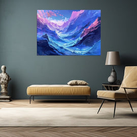Abstract landscape canvas of a blue and pink mountain valley at twilight