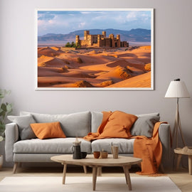 Sahara kasbah fortress glowing above rolling apricot desert dunes under a violet sky