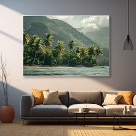 Caribbean island coast with leaning palms and misty forested mountains over a calm sea