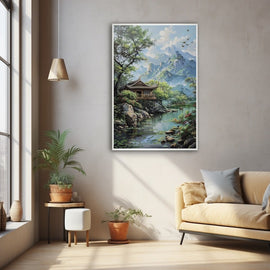 Far-Eastern landscape painting with a lakeside pavilion, green mountains and pink blossom by a calm lake