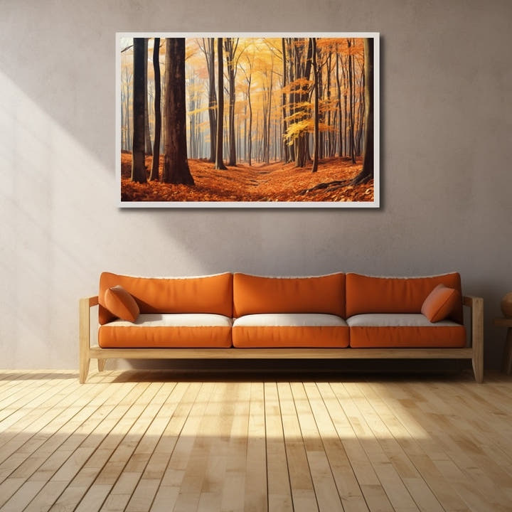 Painting of a tall beech woodland with copper leaf carpet and amber canopy