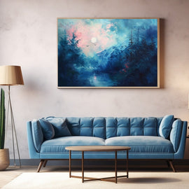 Blue mountain landscape painting with a pale sun, rosy sky and misty pines reflected in still water