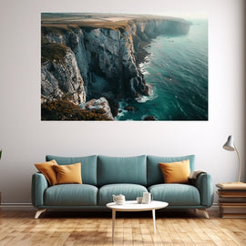 Canvas landscape painting of rugged sea cliffs above turquoise water