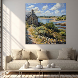 Painting of a stone coastal cottage above a tidal estuary with a sailing boat