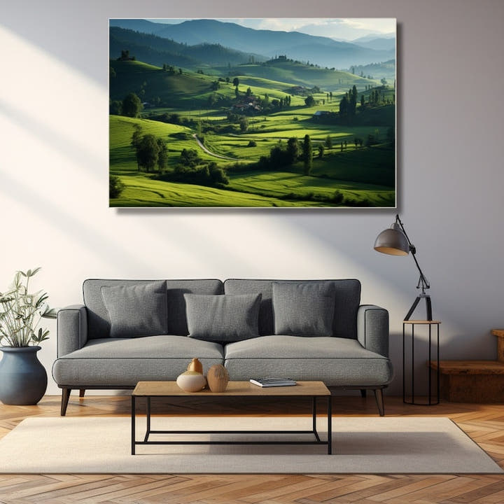 Painting of rolling green Irish countryside hills with farmhouses and distant blue mountains