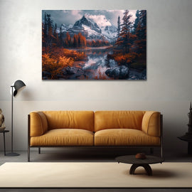 Mountain landscape painting with autumn forest, alpine lake and snow-capped peak