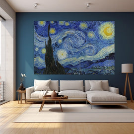 Van Gogh-style starry night over a sleeping village with a tall dark cypress