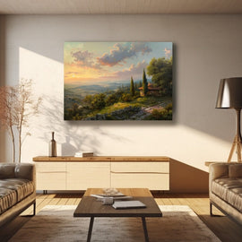 Painting of a stone farmhouse among cypress trees on a hillside at sunset