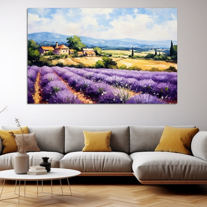 Impressionistic painting of lavender rows, terracotta farmhouses and blue hills in Provence