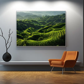 Lush green terraced rice paddies layered into misty hills