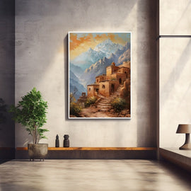 Colourful painting of a terracotta mountain village with stone steps below snow-capped peaks and an amber sky