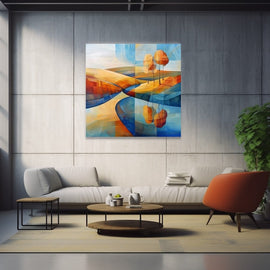Cubist-style landscape of amber hills and orange trees with a blue reflection