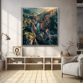 Square landscape painting of a wild granite gorge with pink rock spires and a winding river