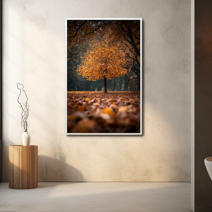 A lone amber-leaved tree standing in a carpet of fallen autumn leaves