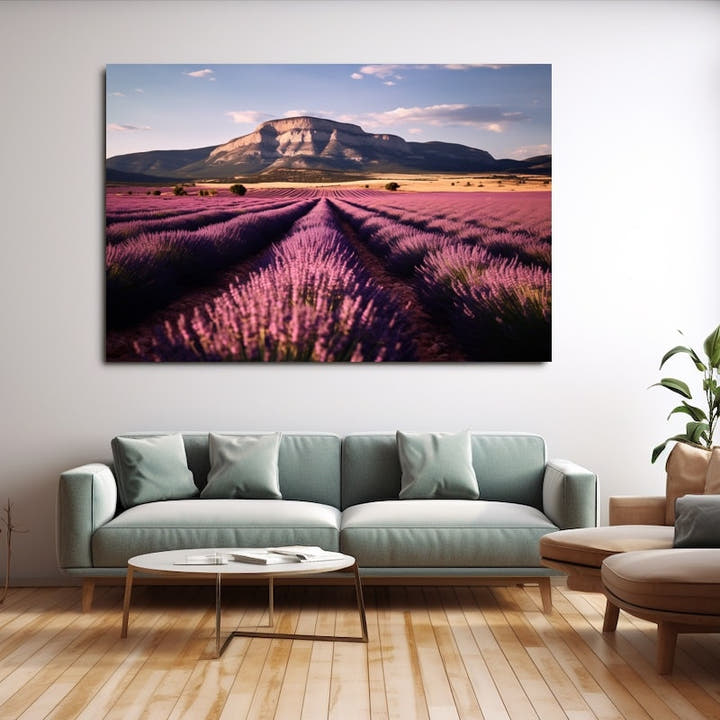 French lavender fields at dusk beneath a flat-topped mountain