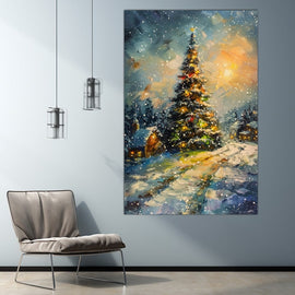 Textured palette-knife Christmas tree glowing gold in a snowy village at night