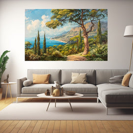 Luminous landscape painting of a Mediterranean coastline with umbrella pine and cypress trees