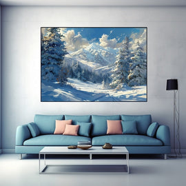 Snowy alpine valley with frosted conifers and sunlit mountain peaks under a blue sky