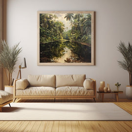 Tropical jungle of palms and ferns reflected in a still dark river