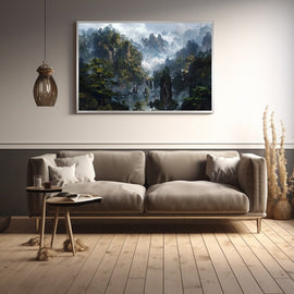 Fantasy landscape painting of misty forested karst pinnacles, a waterfall and a calm lake in soft greys and greens