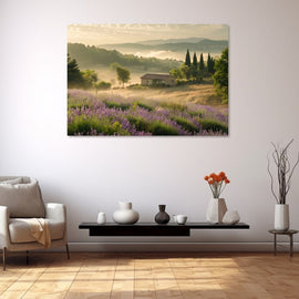 Provence dawn with lavender fields and a stone farmhouse