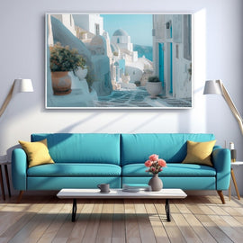 Whitewashed Greek village lane with blue dome and turquoise doors by the sea