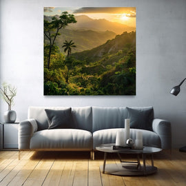 Tropical mountain valley landscape print at golden sunset with palm trees
