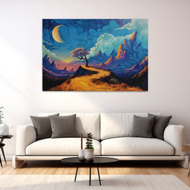 Magical landscape painting with a solitary tree, golden path and crescent moon over surreal mountains