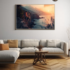 Italian clifftop village at sunset above a calm cove with birds