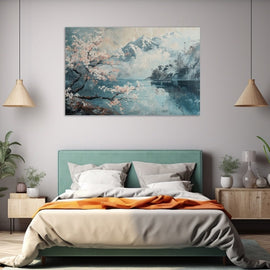 Japanese landscape: cherry blossom and snow-capped teal mountains by a still lake