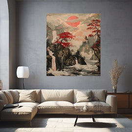 Japanese-style landscape with waterfalls, crimson maples, misty peaks and a coral sun