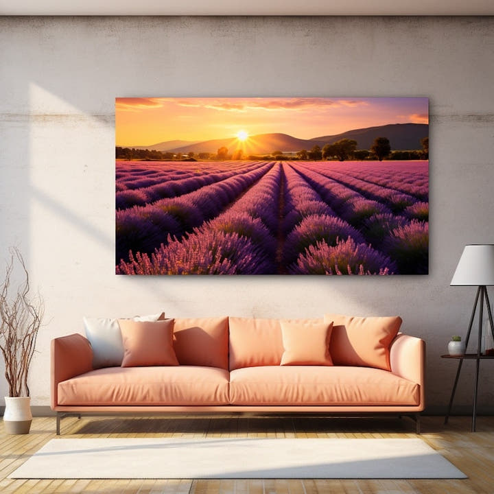 Lavender sunset painting with purple rows beneath a glowing orange and rose sky