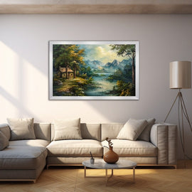 Thatched cottage by a lake with autumn trees and blue mountains