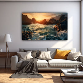 Rocky coastline at sunset with teal waves crashing on dark crags and distant mountains