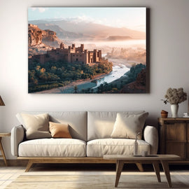 Earthen town and palm-lined river in a misty valley at golden dawn