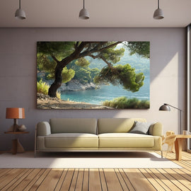 A leaning pine framing a calm turquoise Mediterranean cove in morning light