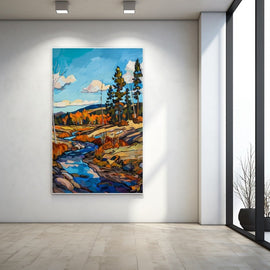 Fauvist autumn landscape with a blue stream, pines and ochre scrub under a turquoise sky